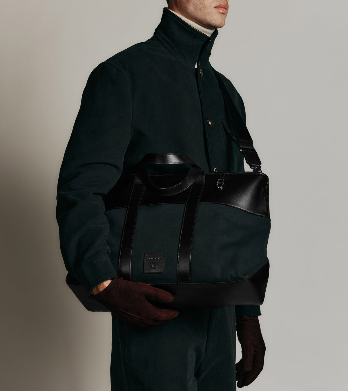 Sac cabas porté main Le Tanneur x HAST en cuir lisse et toile coton
