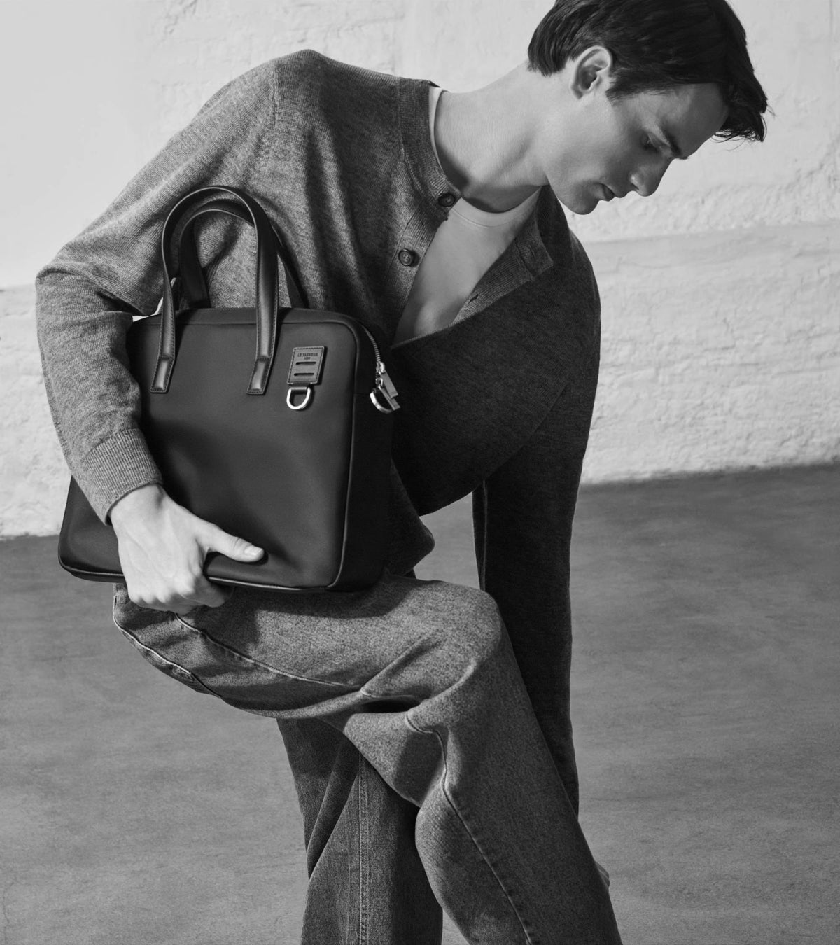 Basile 15" briefcase in nylon canvas and smooth leather