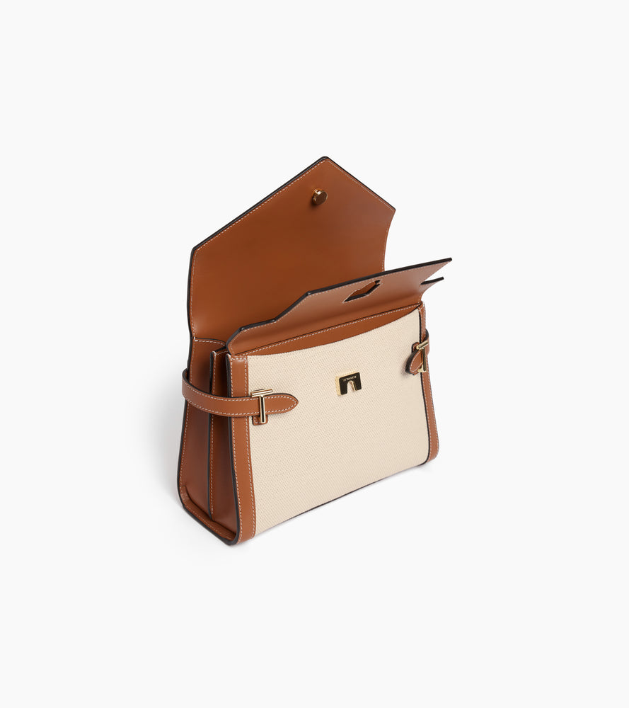 Emilie medium double flap handbag in cotton canvas and smooth leather